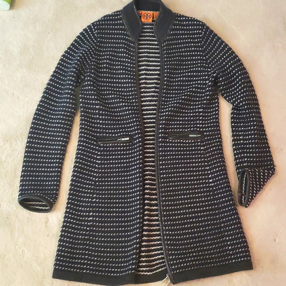 Tory Burch long zip front cardigan leather trim, size M